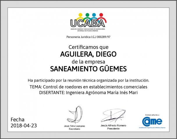 Certificado Roedores